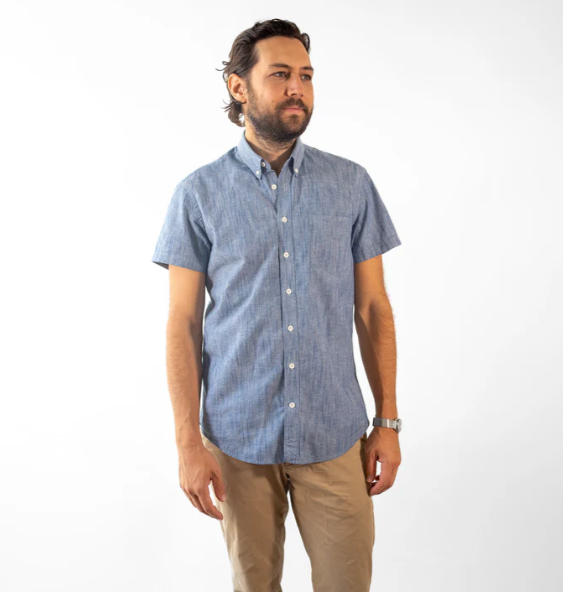 Men's Blue Short Sleeve Stretch Service Chambray